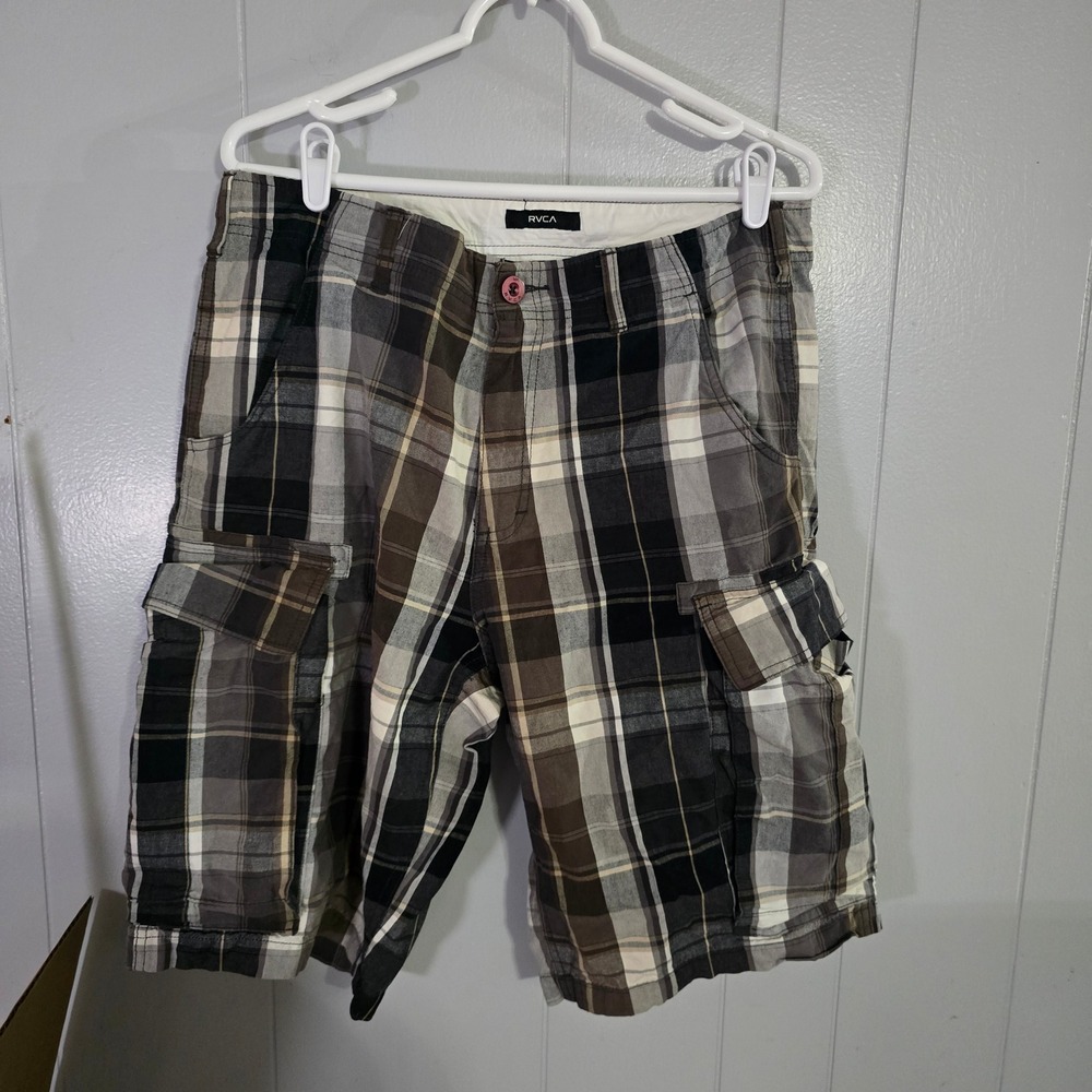 RVCA Plaid‎ Cargo Shorts Mens 34 Brown Gray White Checkered Multi Pocket Skater